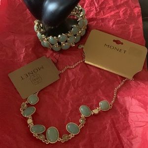 Bracelet w/matching necklace, Monet, Gold w/jade stones